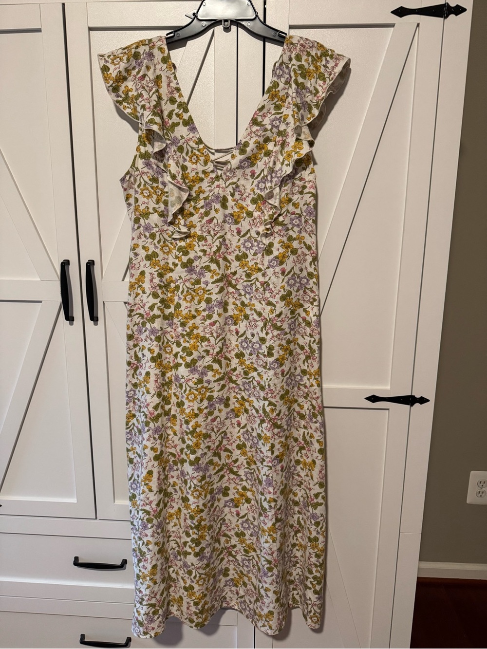 Rails Floral Ruffle Linen Midi Dress in Cream and Yellow